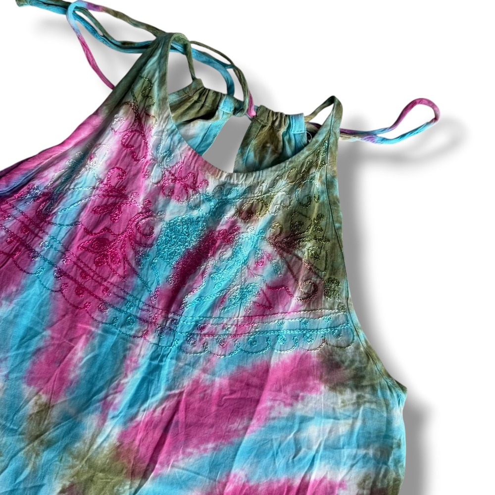 India Boutique One Size Pink Blue Green TieDye Embroider Halter Mini Dress Beach